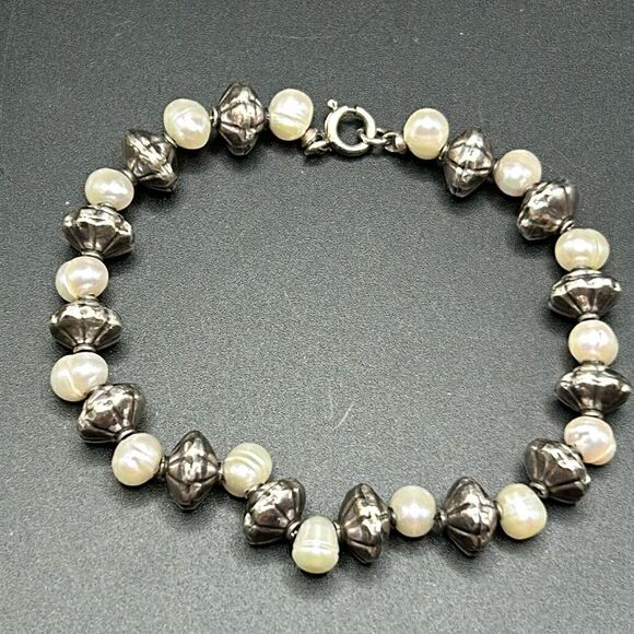 VTG Sterling Beaded Pearl Bracelet, 7.5” - Picture 1 of 7